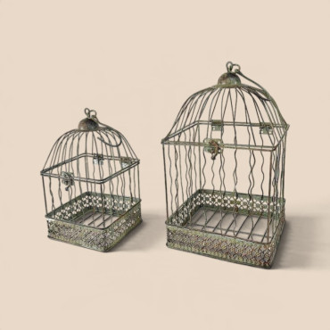 Ensemble 2 cages carrées suspendues vert patiné 18x18x40cm