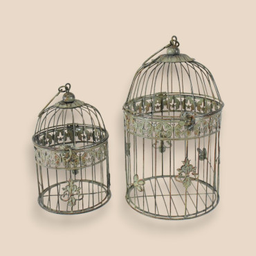 Ensemble 2 Cages Décoratives Ronde à Suspendre en Métal Vert Patiné 19x40cm