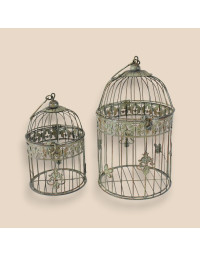 Ensemble 2 Cages Décoratives Ronde à Suspendre en Métal Vert Patiné 19x40cm